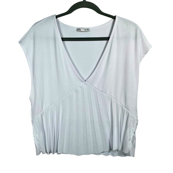 ZARA White Pleated Panel Boxy Sleeveless Ribbed V-Neck Blouse Women's Size M - Picture 1 of 10